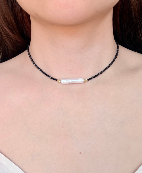 Black Spinel Baroque Pearl Collarbone Necklace | Minimalist Luxury | Handmade | Gold Detail