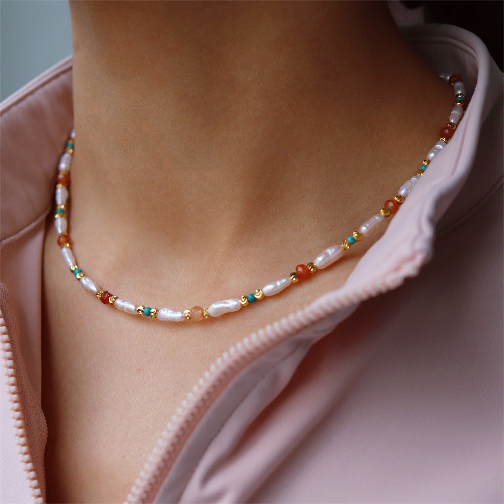 Baroque Freshwater Pearl & Natural Stone Layering Necklace | Vintage Aesthetic