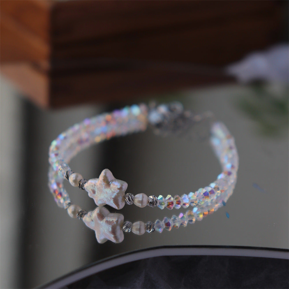 Natural Freshwater Pearl Crystal Star Bracelet | Adjustable | Handmade Gift