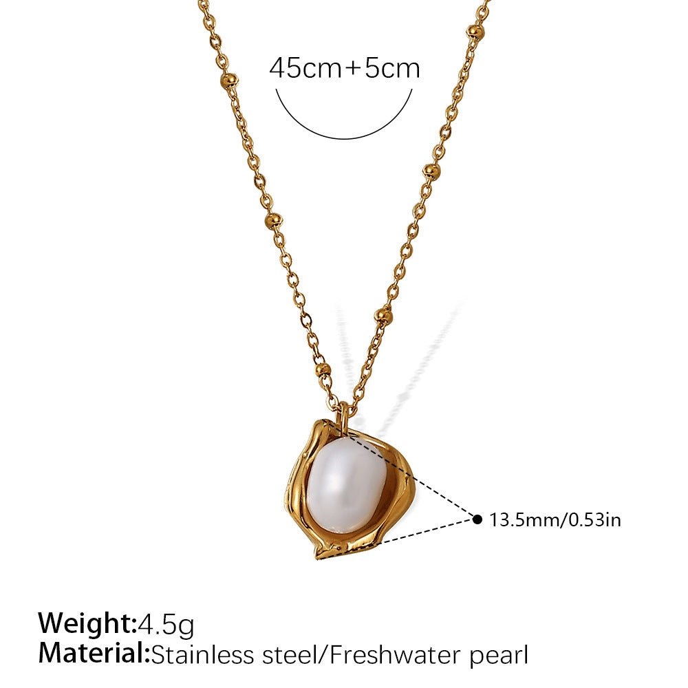 Cross-border French fashion simple clavicle chain peanut pearl necklace women's titanium steel plated 18k gold bowl bean pearl pendant