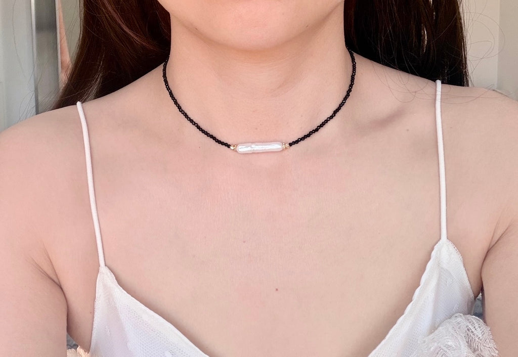 Black Spinel Baroque Pearl Collarbone Necklace | Minimalist Luxury | Handmade | Gold Detail