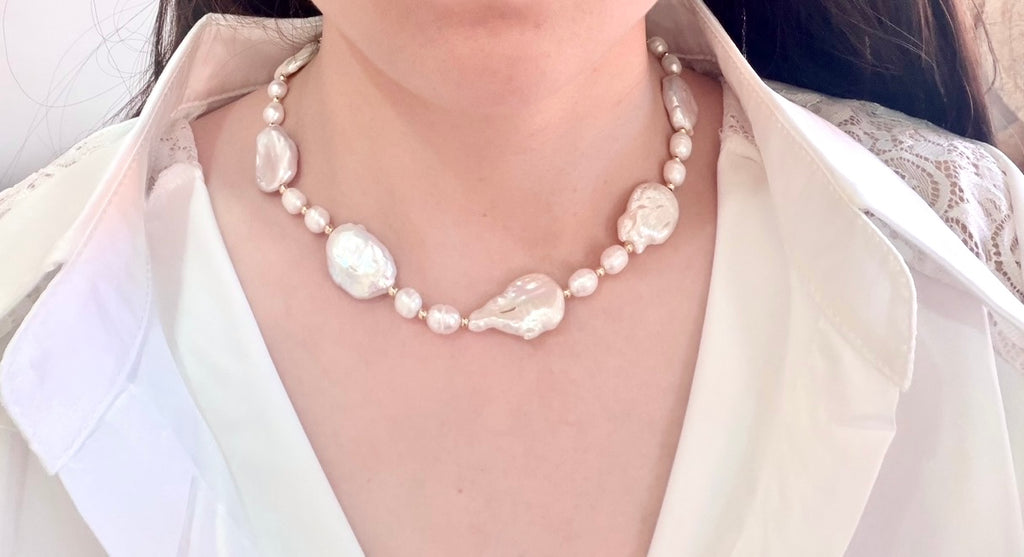 Baroque Freshwater Pearl Necklace, Graduated 41cm, Titanium Steel & Gold-Plated