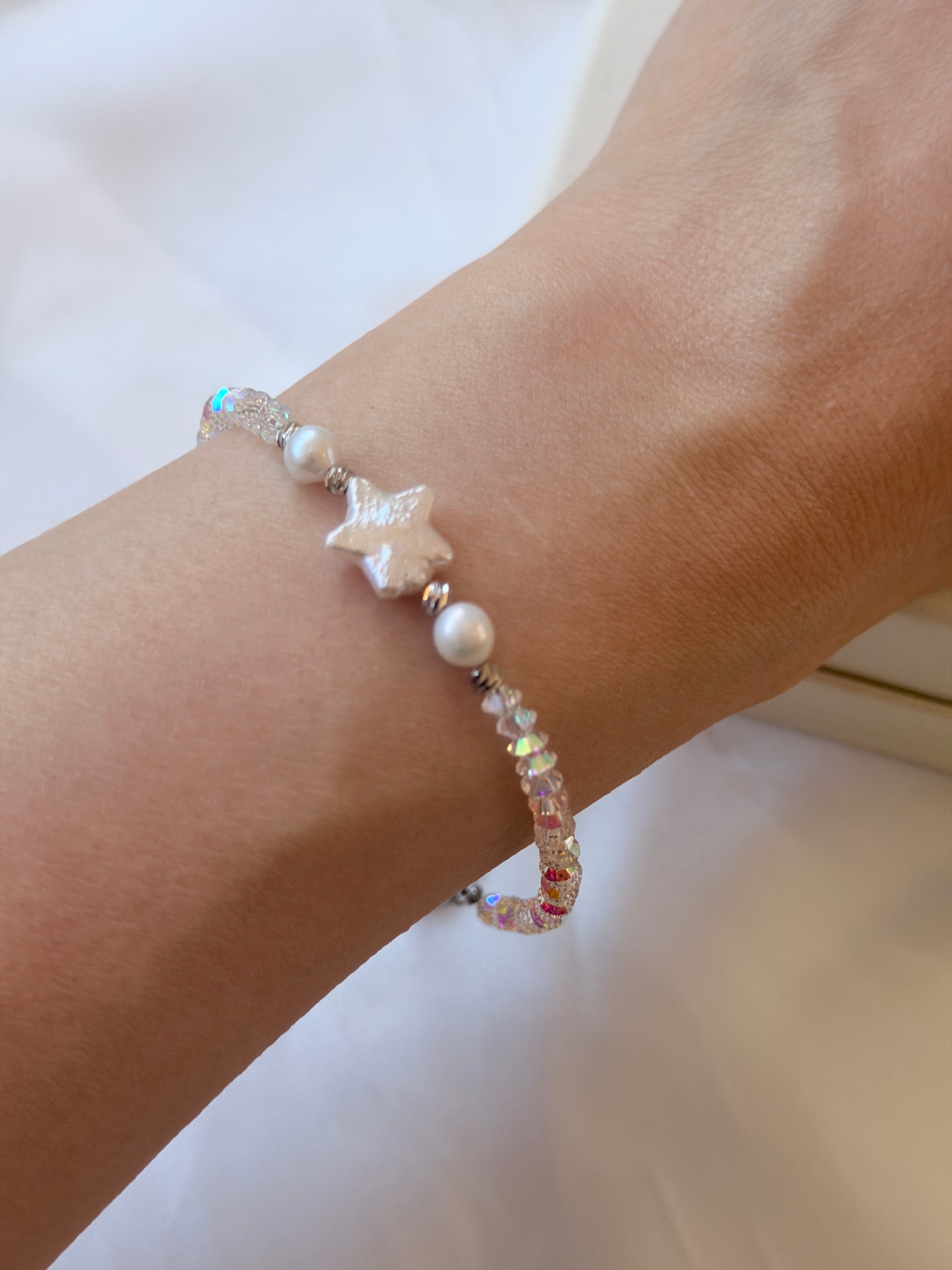 Natural Freshwater Pearl Crystal Star Bracelet | Adjustable | Handmade Gift