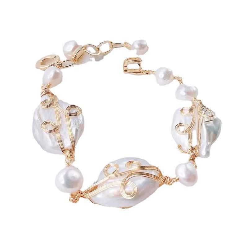 Handmade Baroque Pearl Wire-Wrapped Bracelet | Palace Style | White & Purple | Gold | Gift