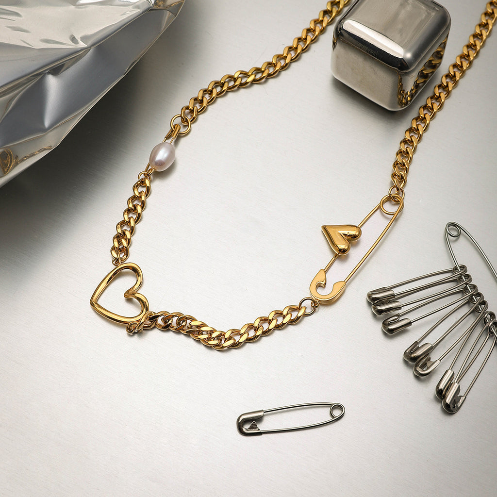Freshwater Pearl & Heart Link Necklace  18K Gold-Plated Stainless Steel