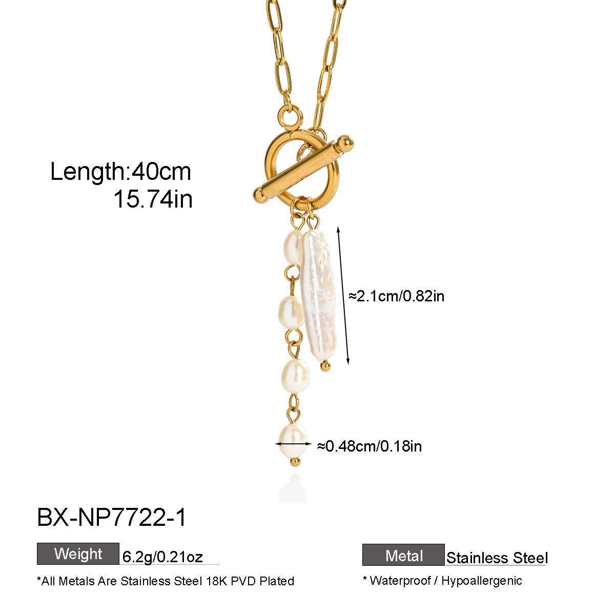 Freshwater pearl toggle necklace measuring approximately 41 to 50cm