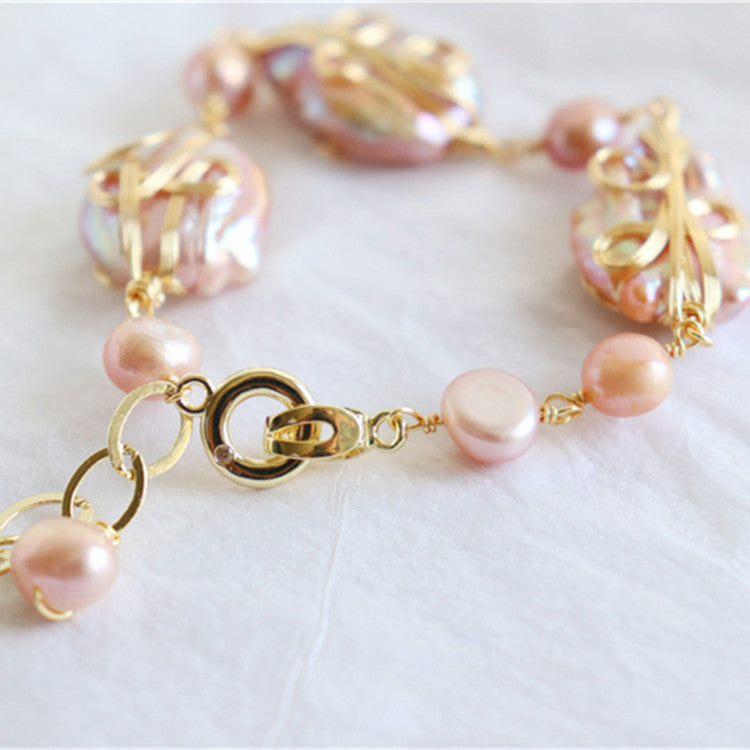Handmade Baroque Pearl Wire-Wrapped Bracelet | Palace Style | White & Purple | Gold | Gift