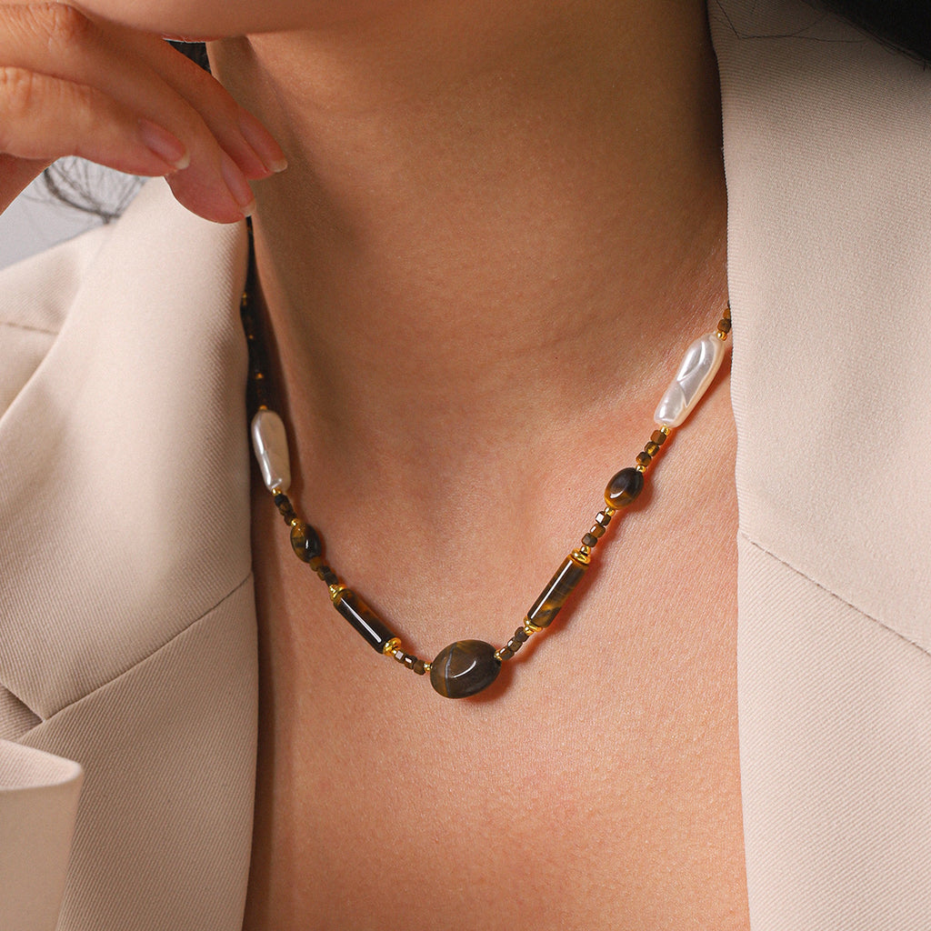 Freshwater Pearl & Tiger Eye Beaded Necklace