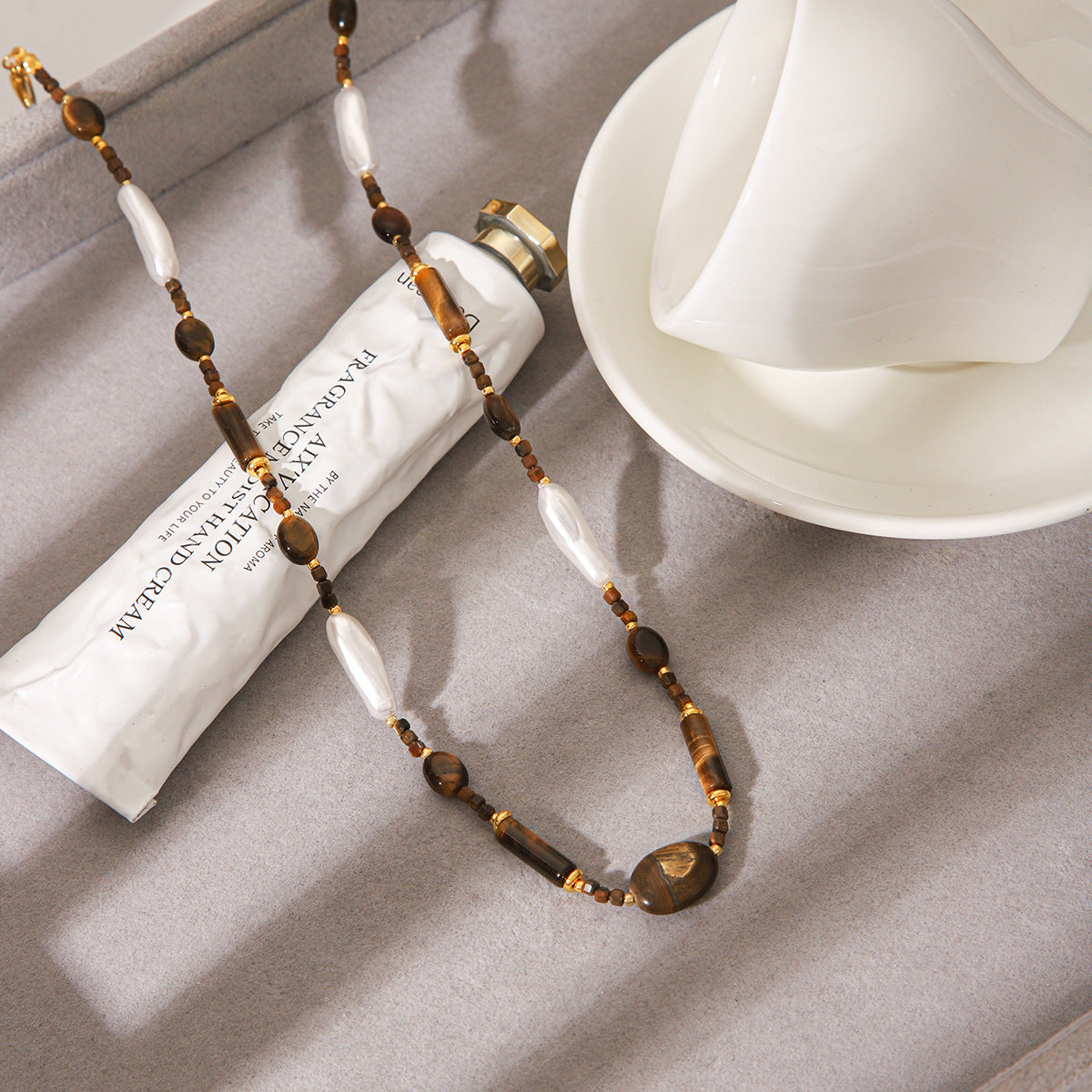 Freshwater Pearl & Tiger Eye Beaded Necklace