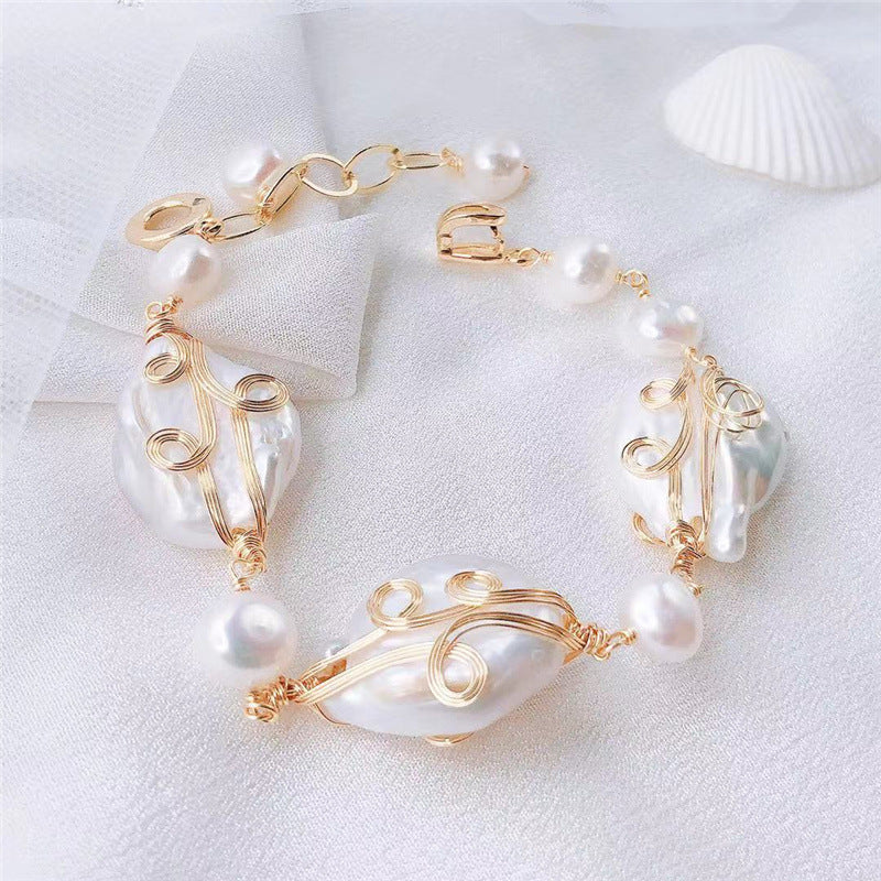 Handmade Baroque Pearl Wire-Wrapped Bracelet | Palace Style | White & Purple | Gold | Gift