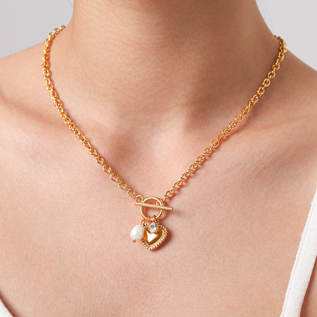 Freshwater Pearl Heart Pendant Necklace  Gold-Tone Stainless Steel