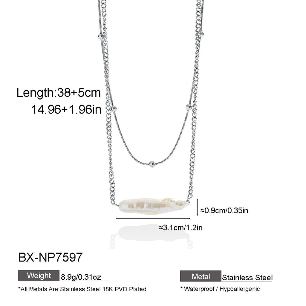 Silver-tone stainless steel necklace with elongated freshwater cultured pearl