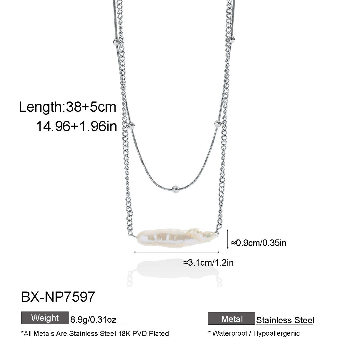 Silver-tone stainless steel necklace with elongated freshwater cultured pearl