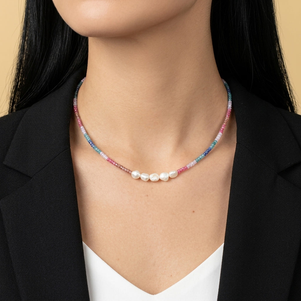 Freshwater Pearl & Colour Beaded Charm Necklace