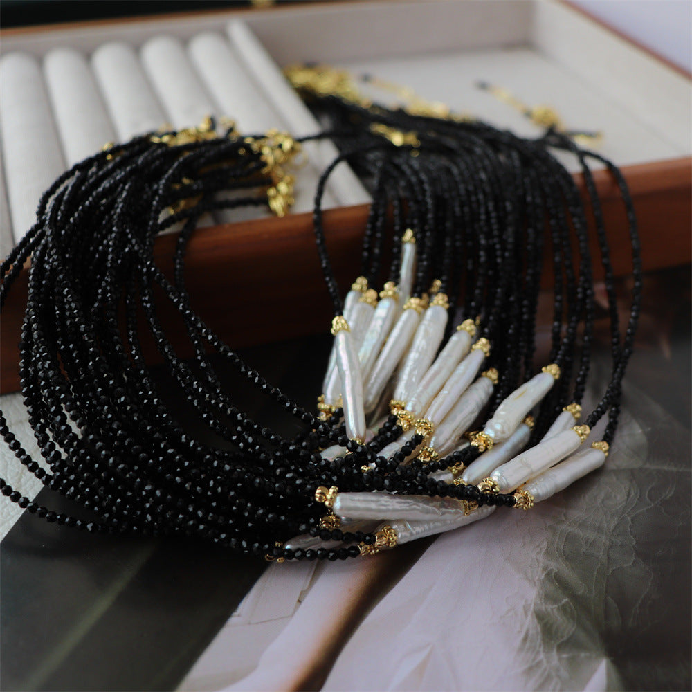 Black Spinel Baroque Pearl Collarbone Necklace | Minimalist Luxury | Handmade | Gold Detail
