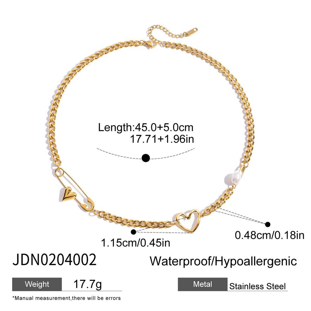 Freshwater Pearl & Heart Link Necklace - 18K Gold-Plated Stainless Steel