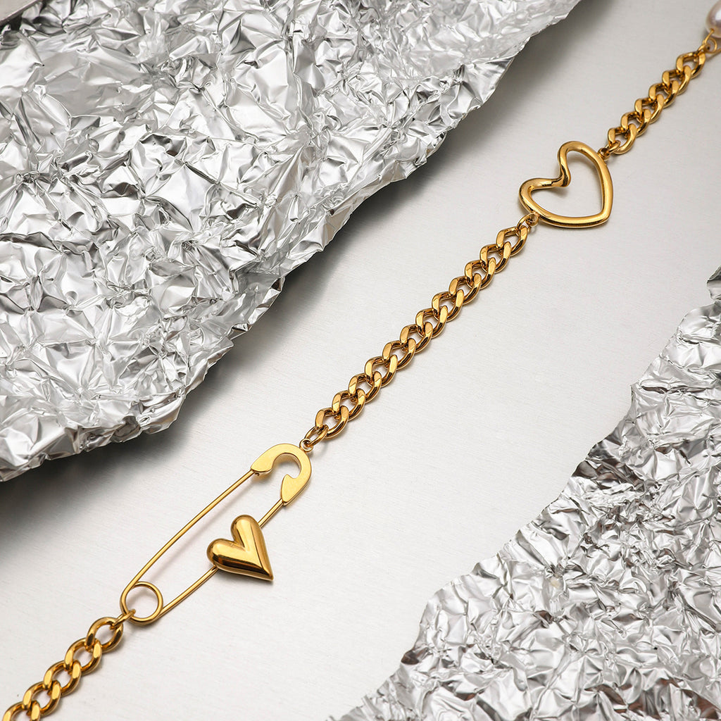 Freshwater Pearl & Heart Link Necklace  18K Gold-Plated Stainless Steel
