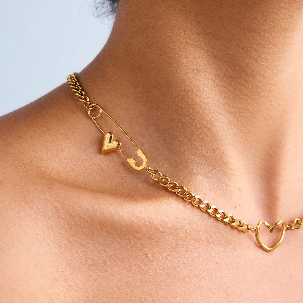 Freshwater Pearl & Heart Link Necklace  18K Gold-Plated Stainless Steel