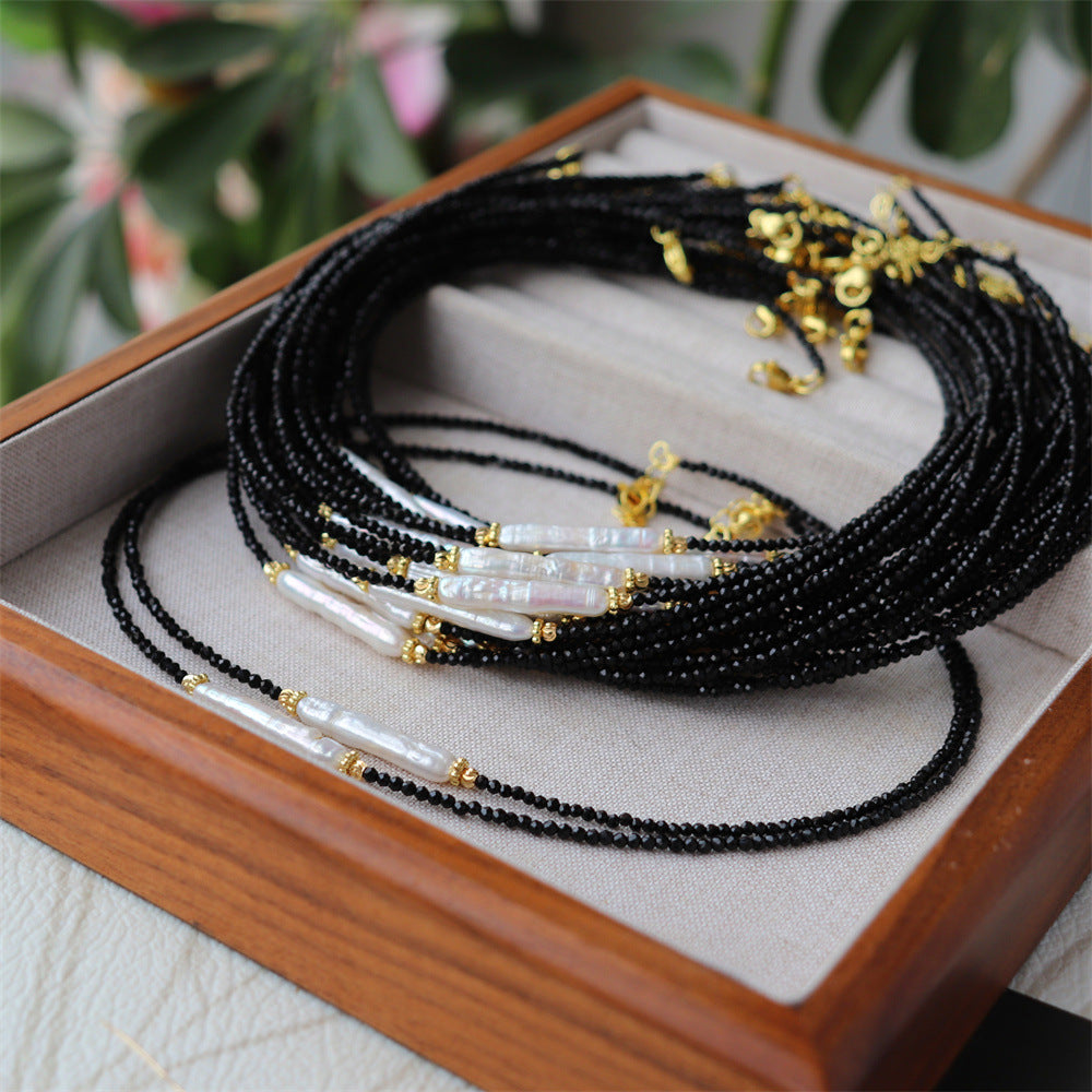 Black Spinel Baroque Pearl Collarbone Necklace | Minimalist Luxury | Handmade | Gold Detail