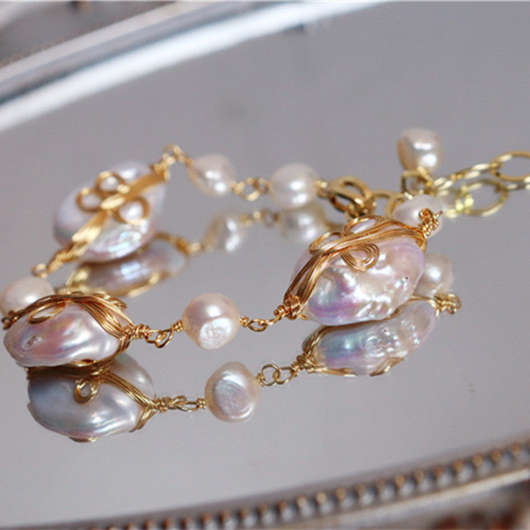 Handmade Baroque Pearl Wire-Wrapped Bracelet | Palace Style | White & Purple | Gold | Gift