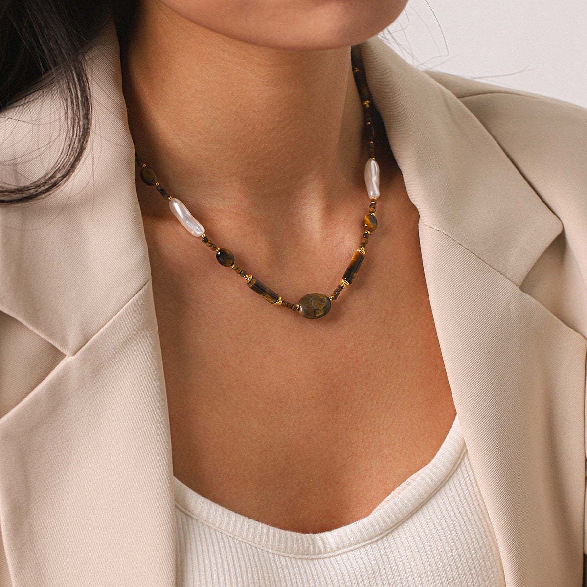 Freshwater Pearl & Tiger Eye Beaded Necklace