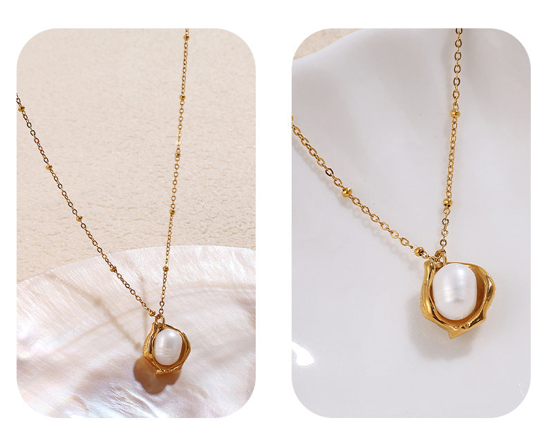 Cross-border French fashion simple clavicle chain peanut pearl necklace women's titanium steel plated 18k gold bowl bean pearl pendant