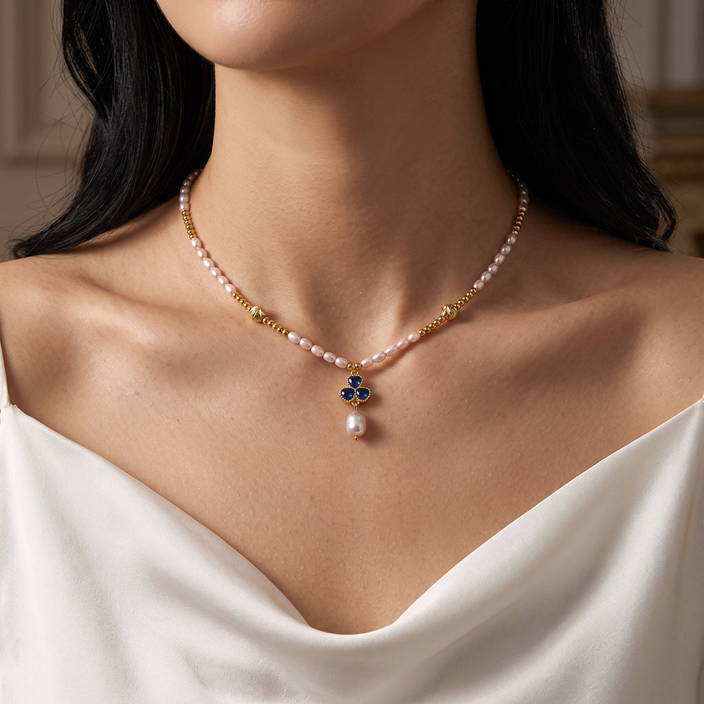 Freshwater Pearl & Zircon Floral Pendant Necklace