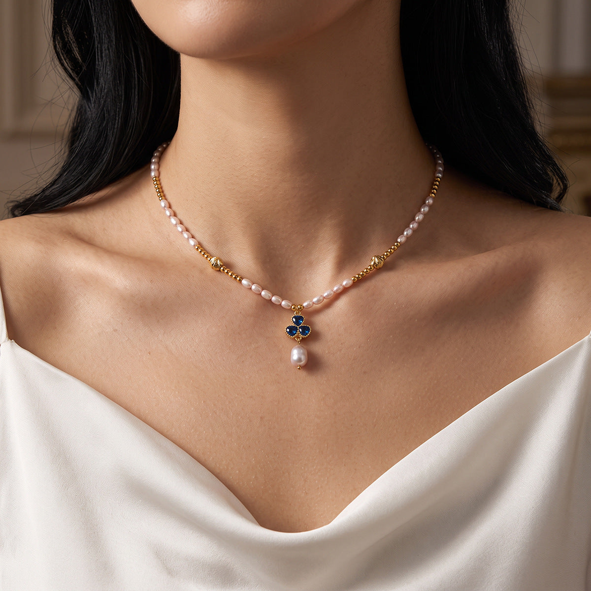 Freshwater Pearl & Zircon Floral Pendant Necklace