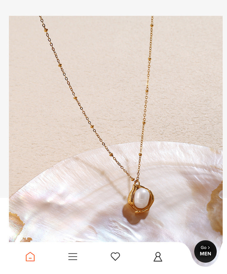 Cross-border French fashion simple clavicle chain peanut pearl necklace women's titanium steel plated 18k gold bowl bean pearl pendant