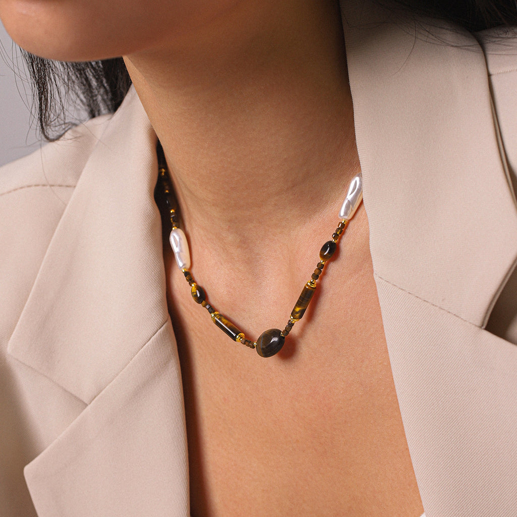 Freshwater Pearl & Tiger Eye Beaded Necklace