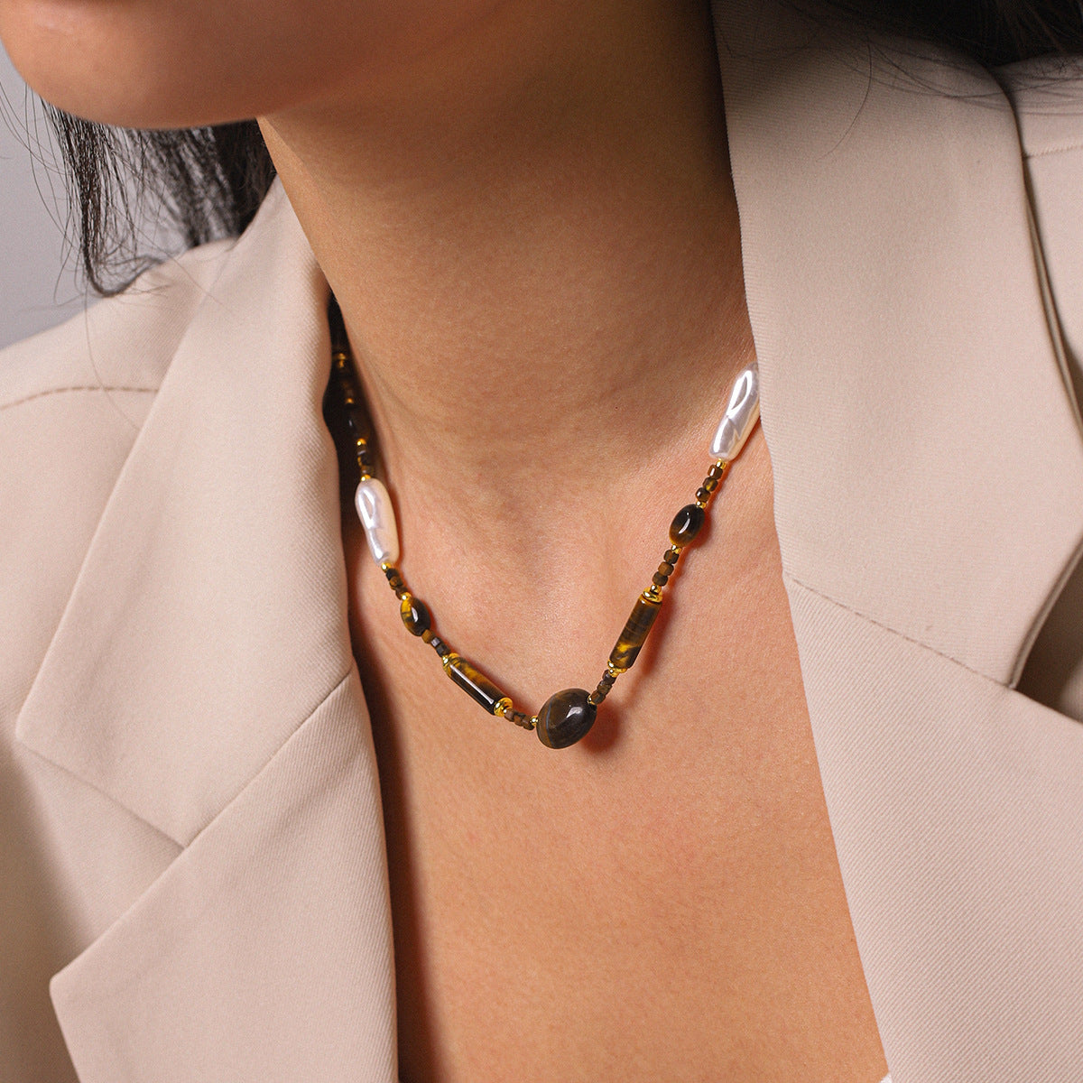 Freshwater Pearl & Tiger Eye Beaded Necklace