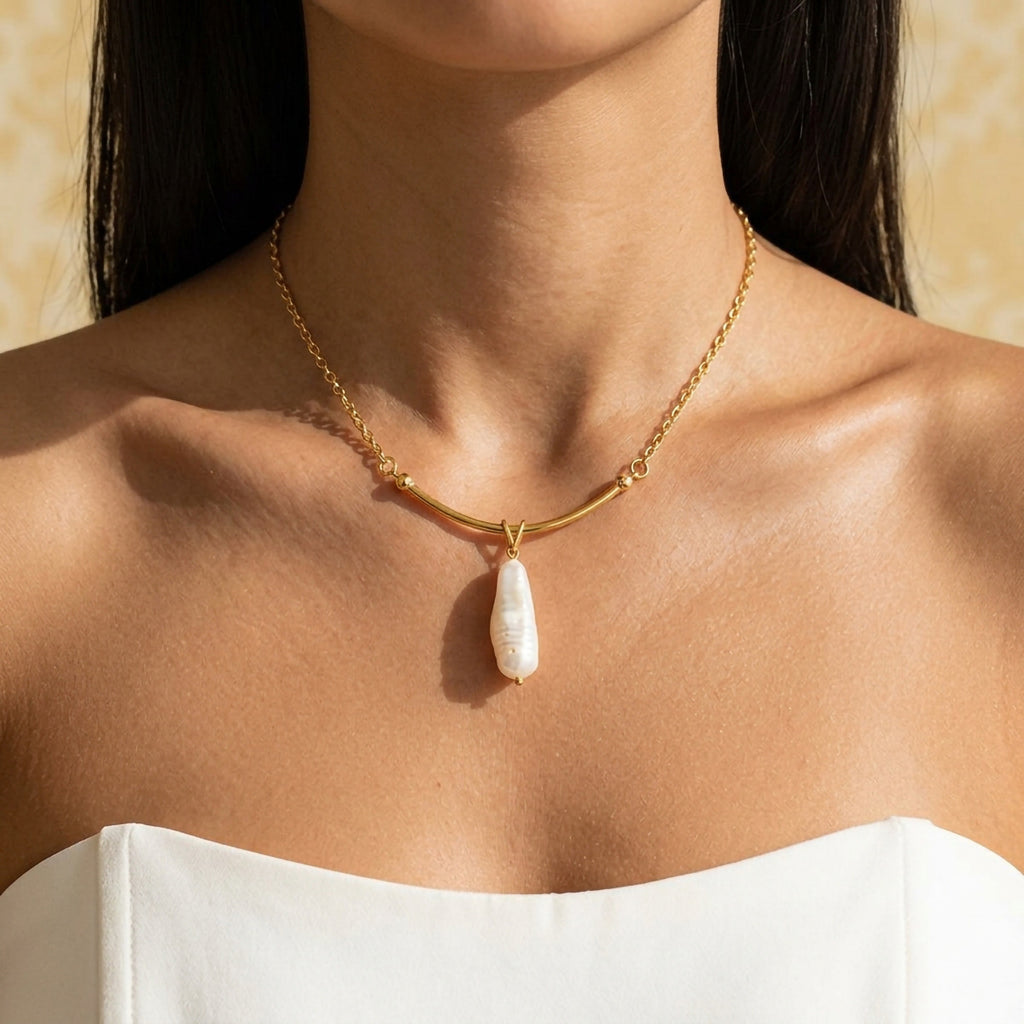 Baroque Freshwater Pearl Curved Bar Necklace