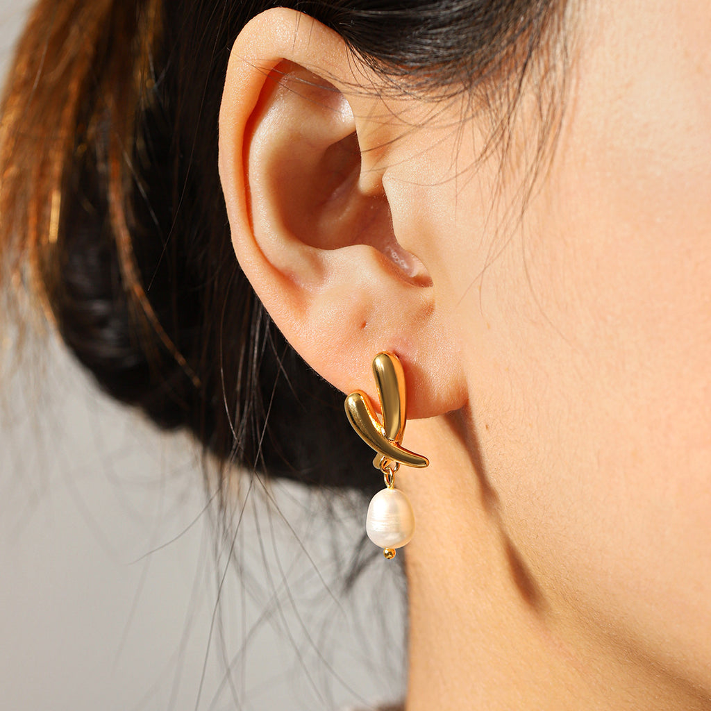 Sculptural Freshwater Pearl Drop Earrings in Gold-Tone Stainless Steel