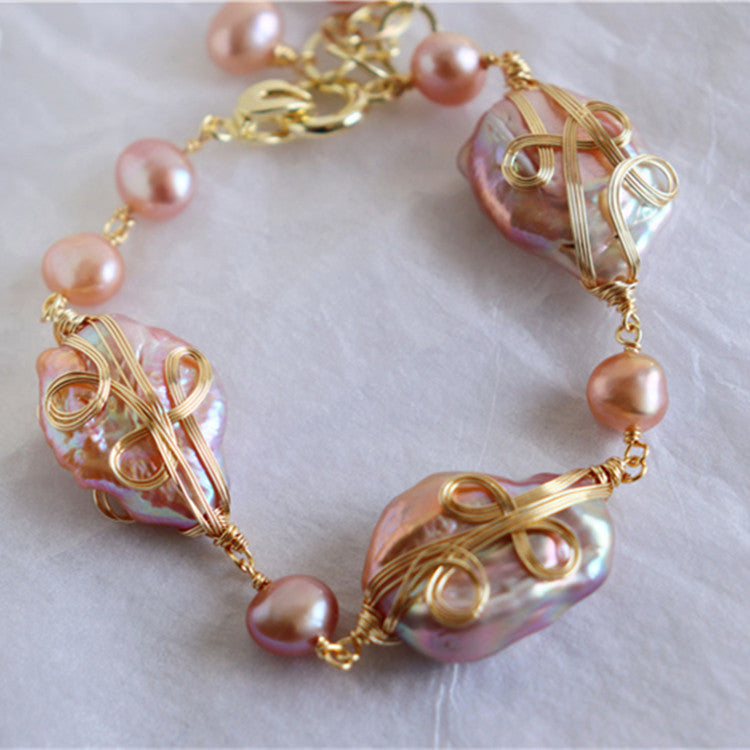 Handmade Baroque Pearl Wire-Wrapped Bracelet | Palace Style | White & Purple | Gold | Gift