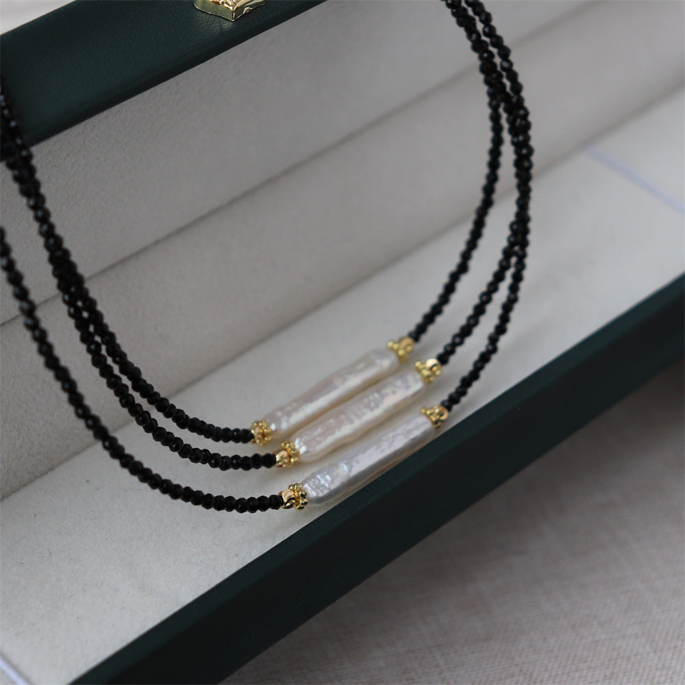 Black Spinel Baroque Pearl Collarbone Necklace | Minimalist Luxury | Handmade | Gold Detail