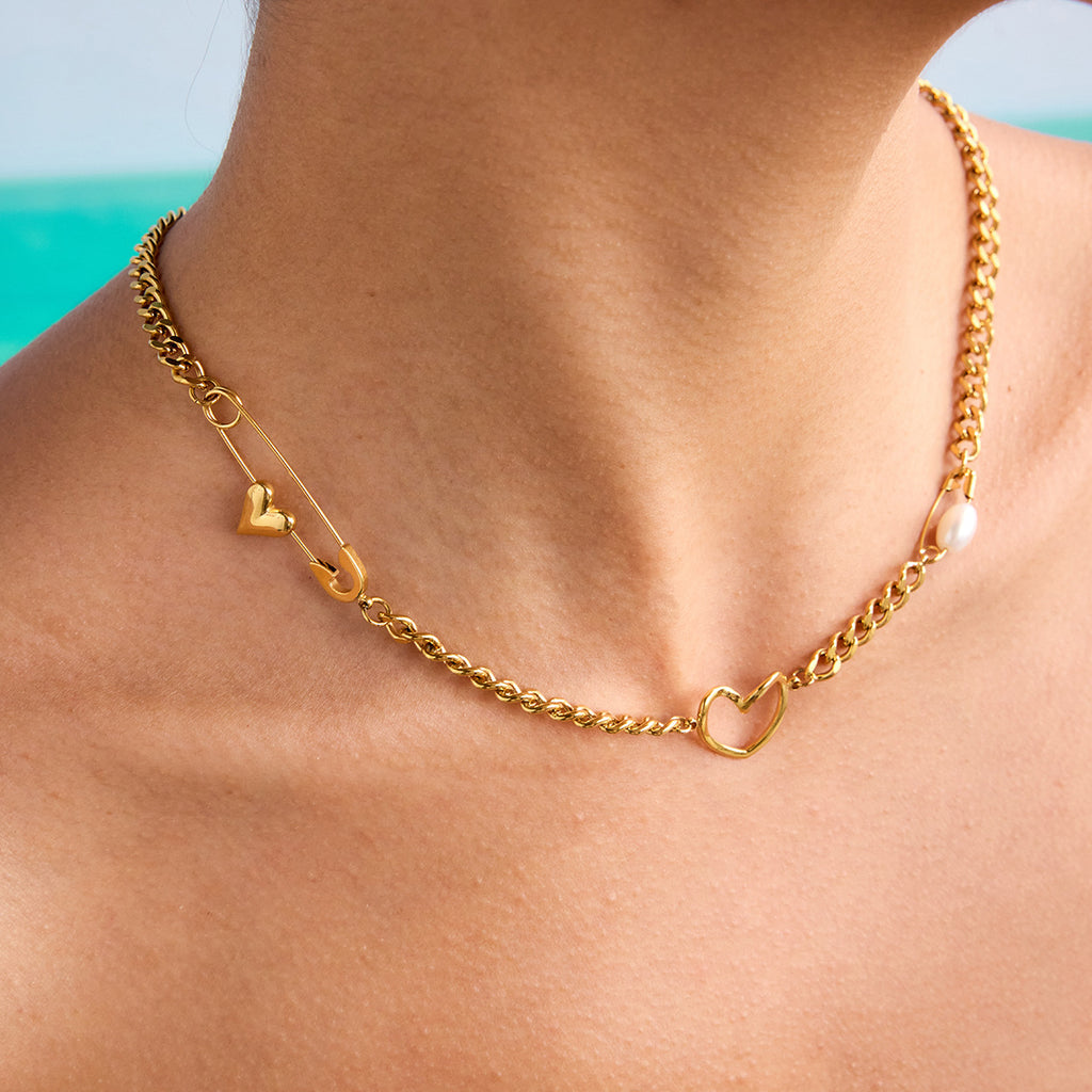 Freshwater Pearl & Heart Link Necklace  18K Gold-Plated Stainless Steel