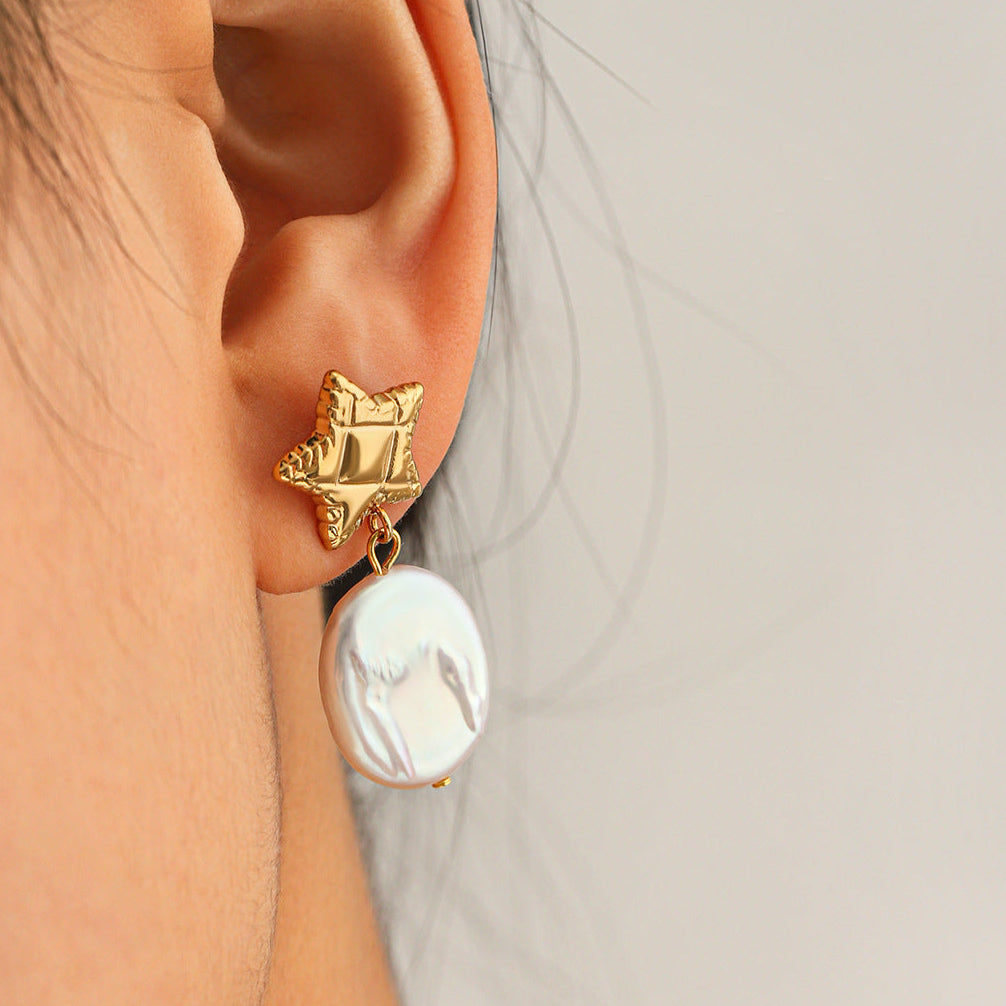 Sculptural Freshwater Pearl Drop Earrings in Gold-Tone Stainless Steel
