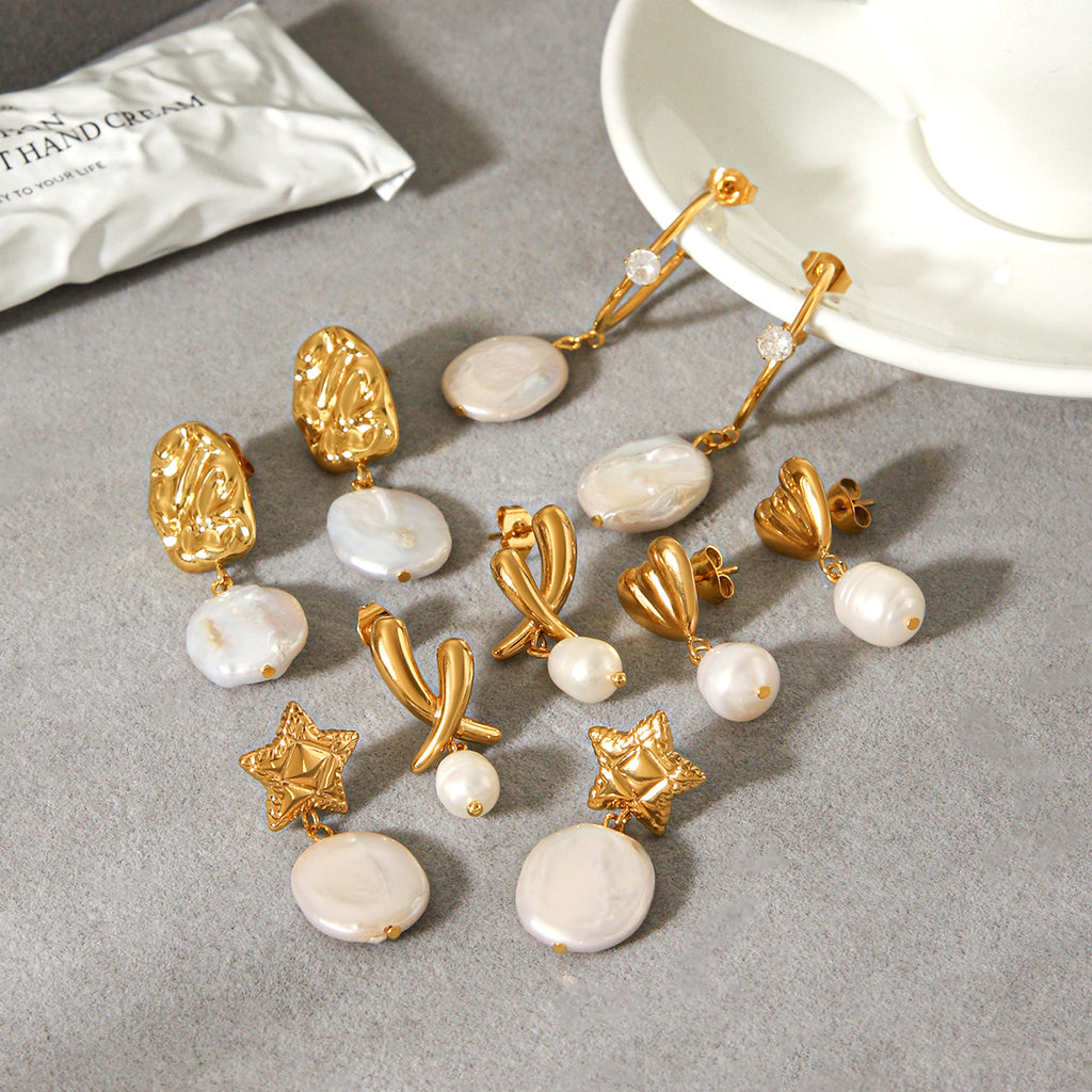 Sculptural Freshwater Pearl Drop Earrings in Gold-Tone Stainless Steel