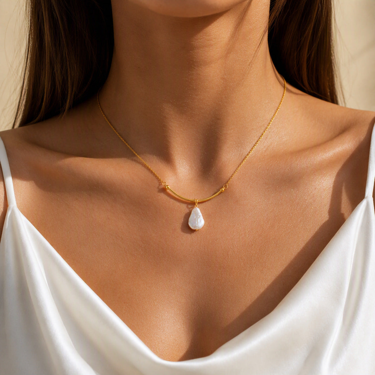 Baroque Freshwater Pearl Curved Bar Necklace