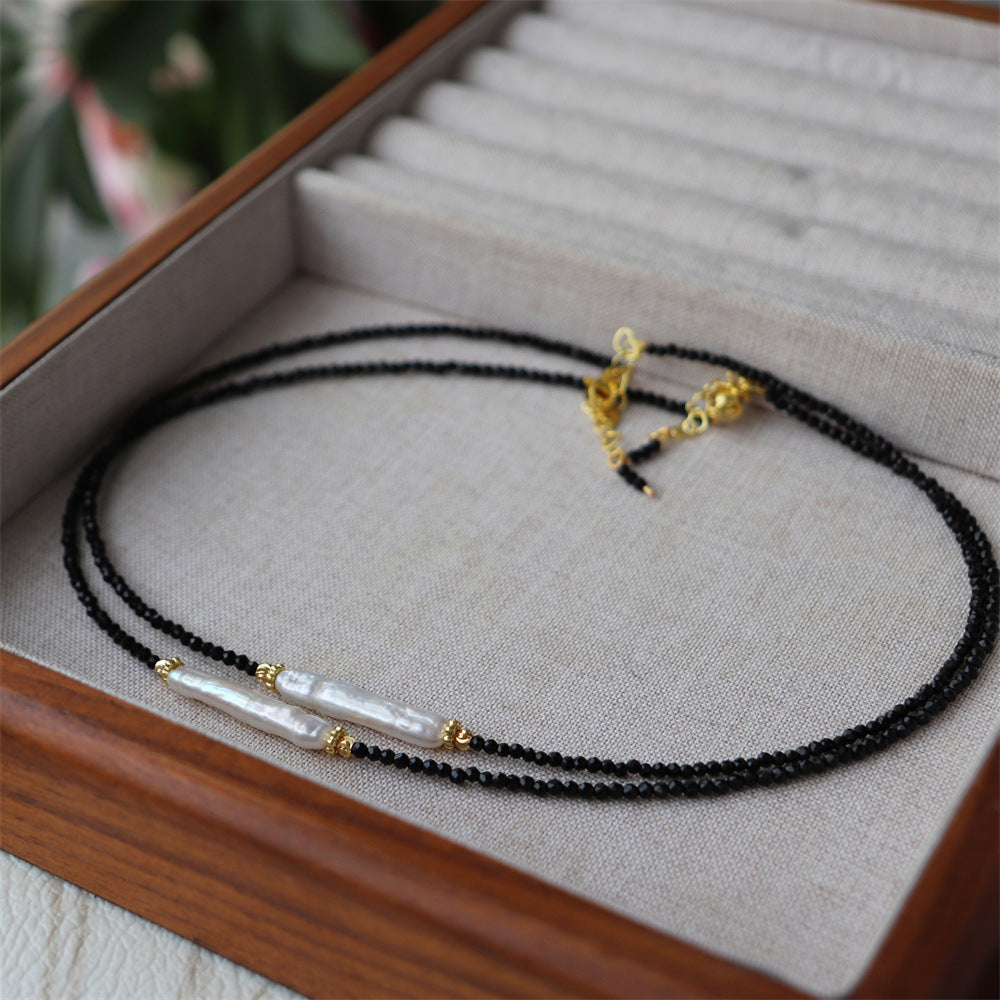 Black Spinel Baroque Pearl Collarbone Necklace | Minimalist Luxury | Handmade | Gold Detail