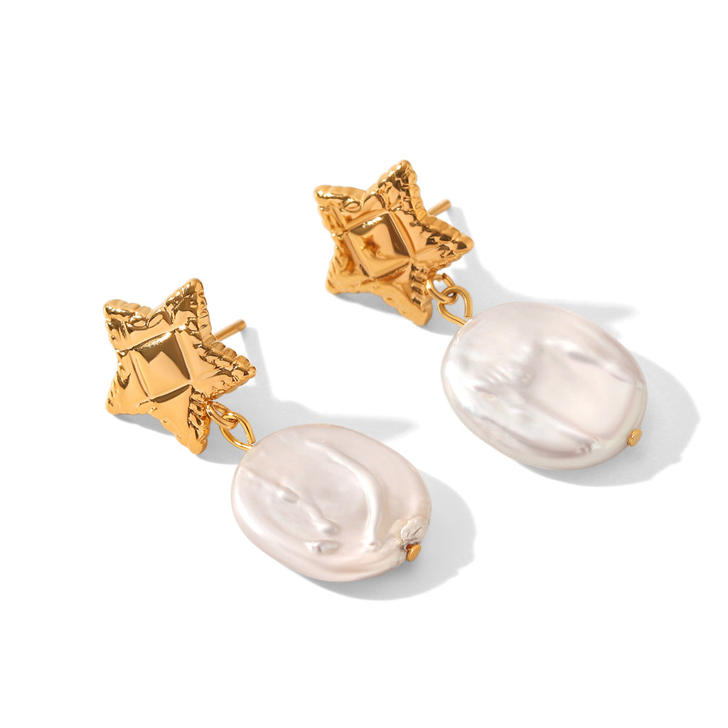Sculptural Freshwater Pearl Drop Earrings in Gold-Tone Stainless Steel
