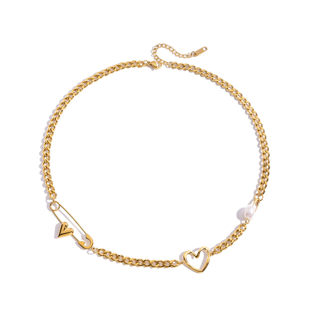 Freshwater Pearl & Heart Link Necklace  18K Gold-Plated Stainless Steel