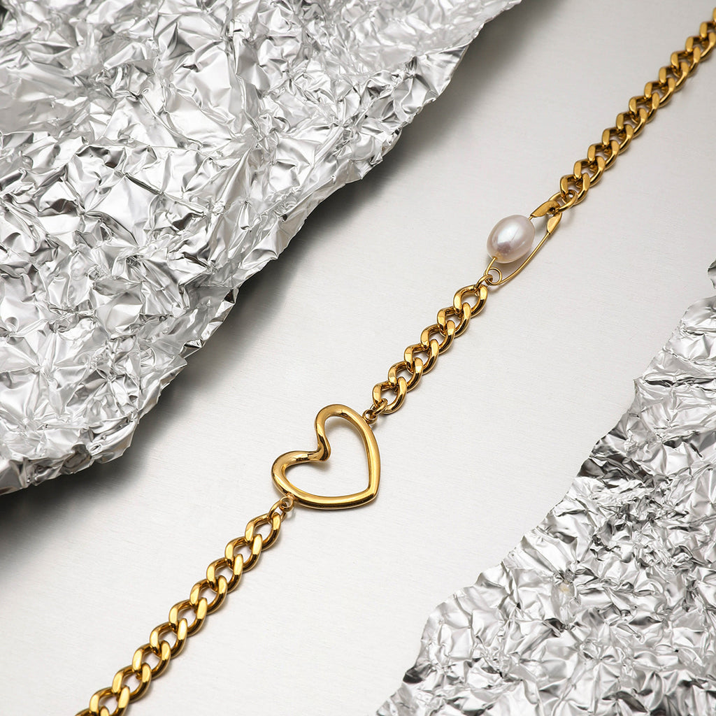 Freshwater Pearl & Heart Link Necklace  18K Gold-Plated Stainless Steel