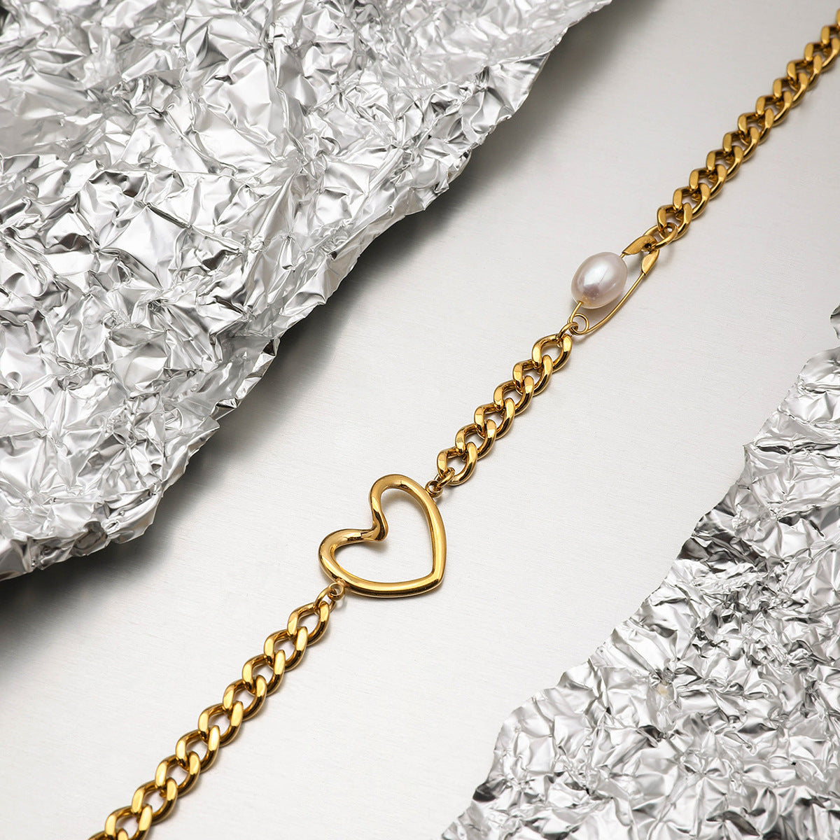 Freshwater Pearl & Heart Link Necklace  18K Gold-Plated Stainless Steel