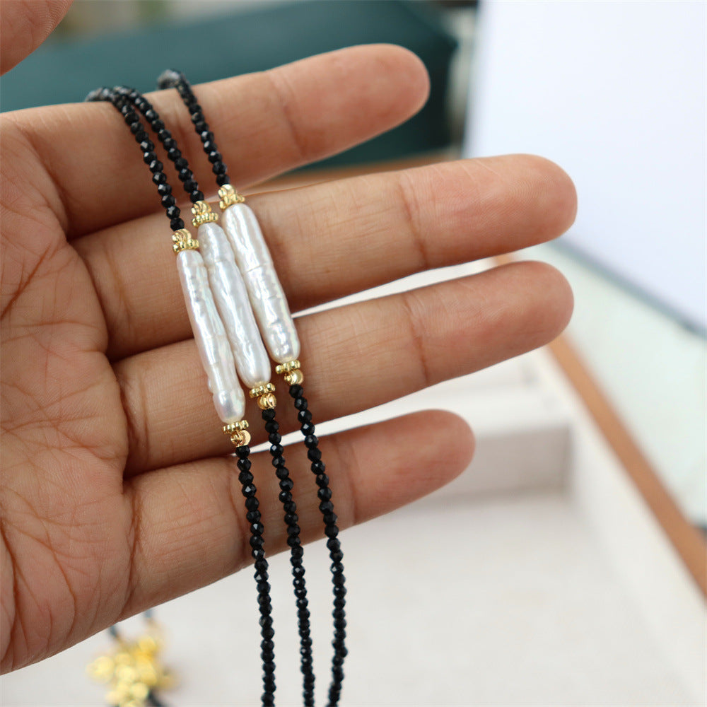 Black Spinel Baroque Pearl Collarbone Necklace | Minimalist Luxury | Handmade | Gold Detail