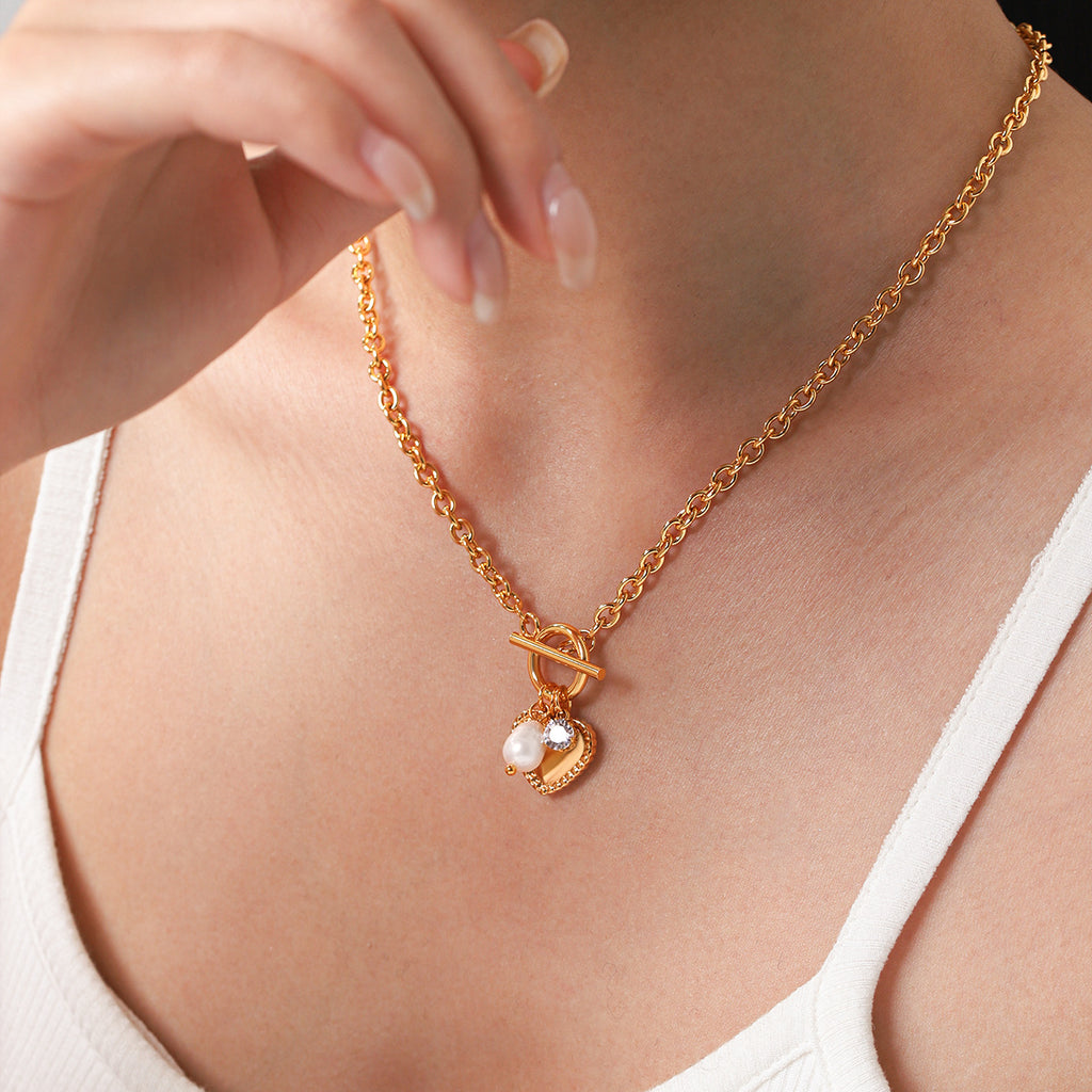 Freshwater Pearl Heart Pendant Necklace  Gold-Tone Stainless Steel