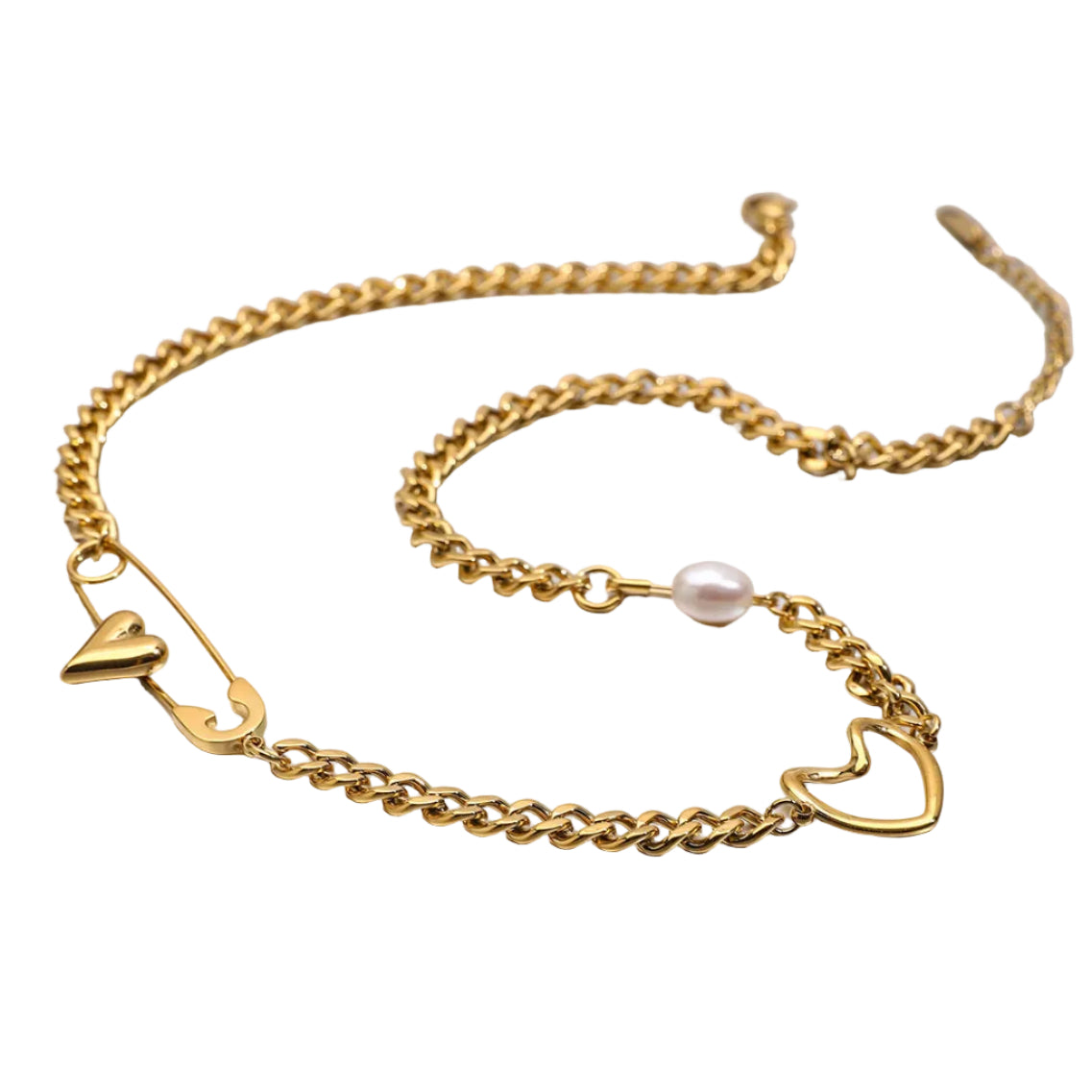 Freshwater Pearl & Heart Link Necklace  18K Gold-Plated Stainless Steel