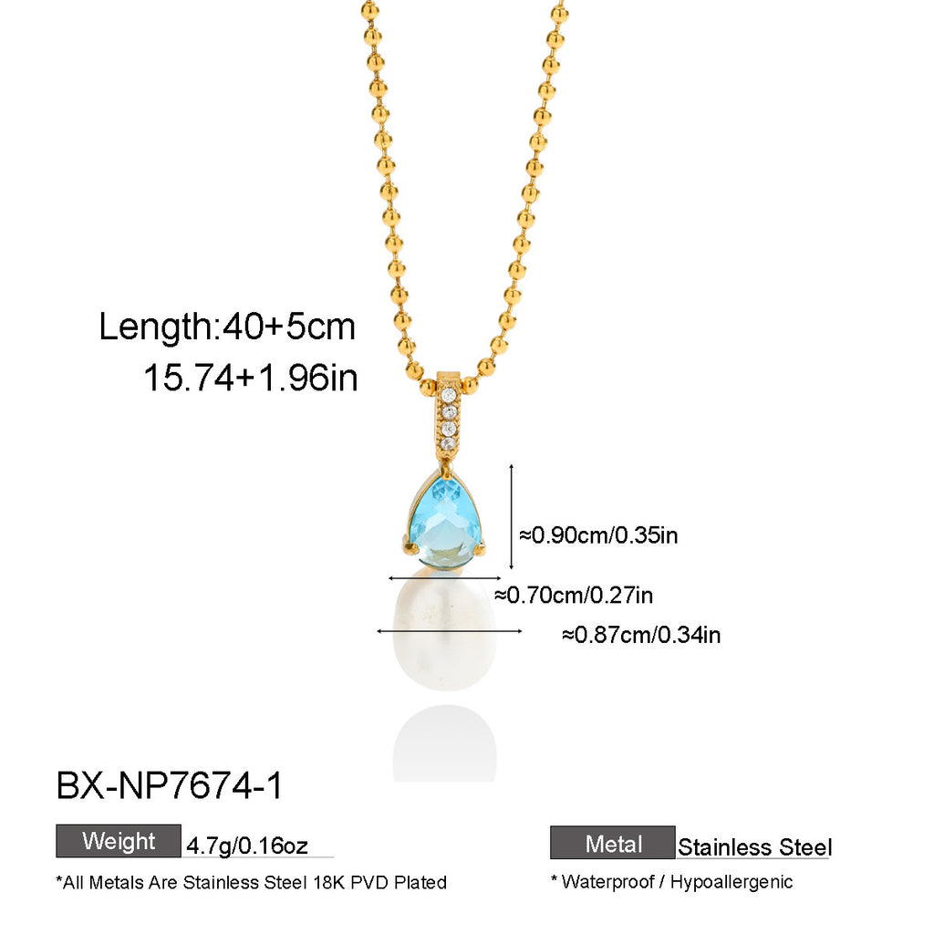 Freshwater Pearl & Teardrop Zircon Pendant Necklace