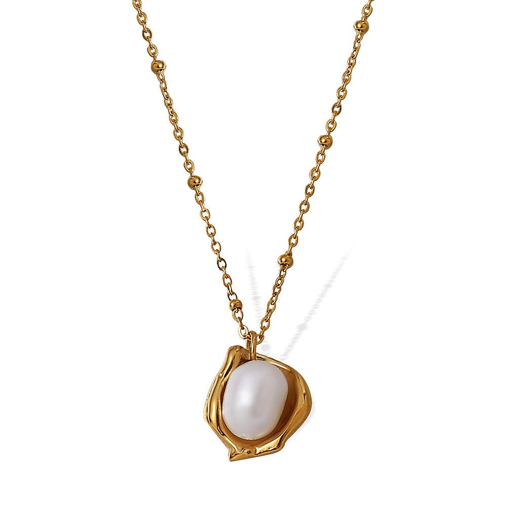 Cross-border French fashion simple clavicle chain peanut pearl necklace women's titanium steel plated 18k gold bowl bean pearl pendant