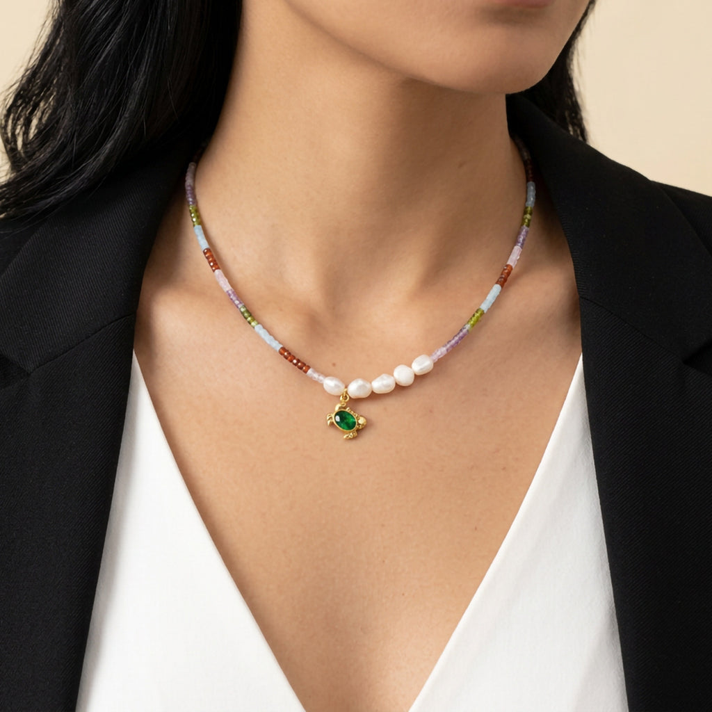 Freshwater Pearl & Colour Beaded Charm Necklace